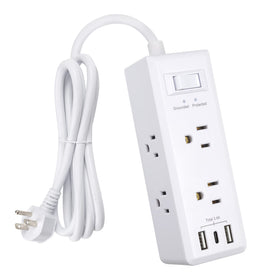 Clear Power 6-outlet surge protector on a desk powering multiple devices safely.
