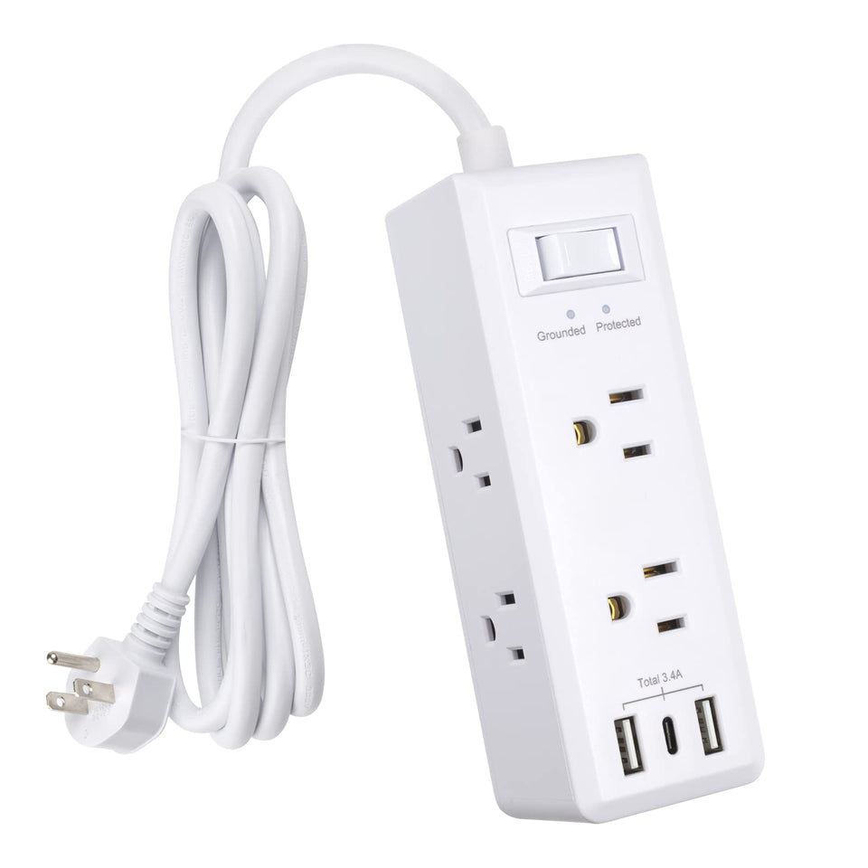 Clear Power 6-outlet surge protector on a desk powering multiple devices safely.
