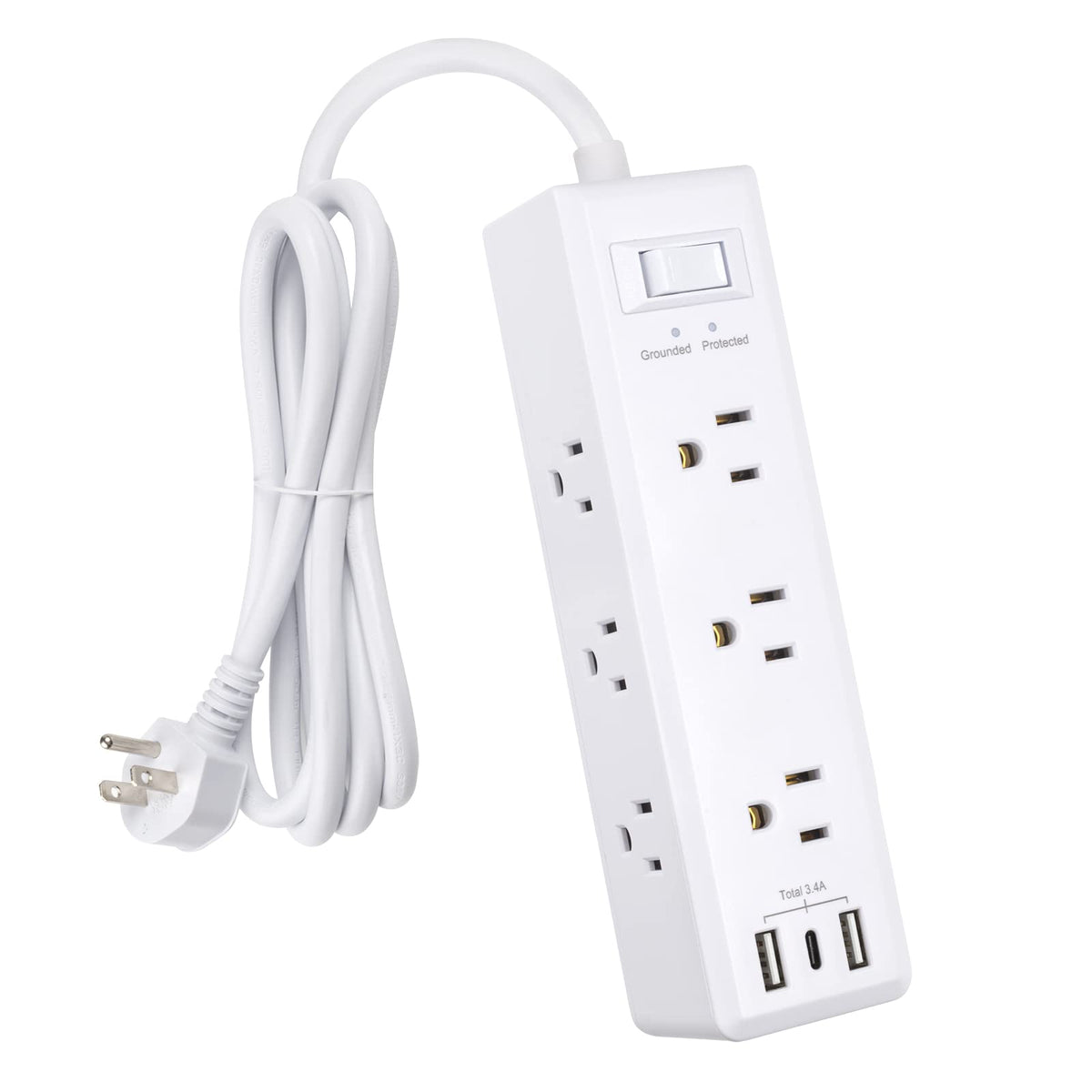 Clear Power 9-outlet surge strip on desk for organized power access
