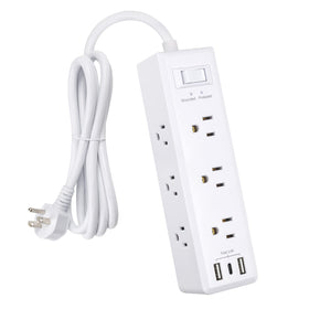 Clear Power 9-outlet surge strip on desk for organized power access