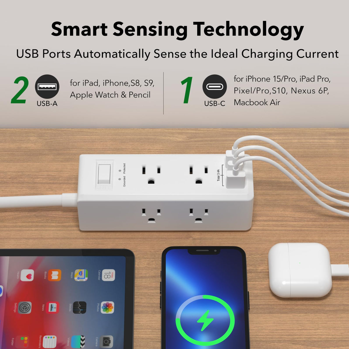 Clear Power 5ft flat-plug cord fits neatly behind furniture.
