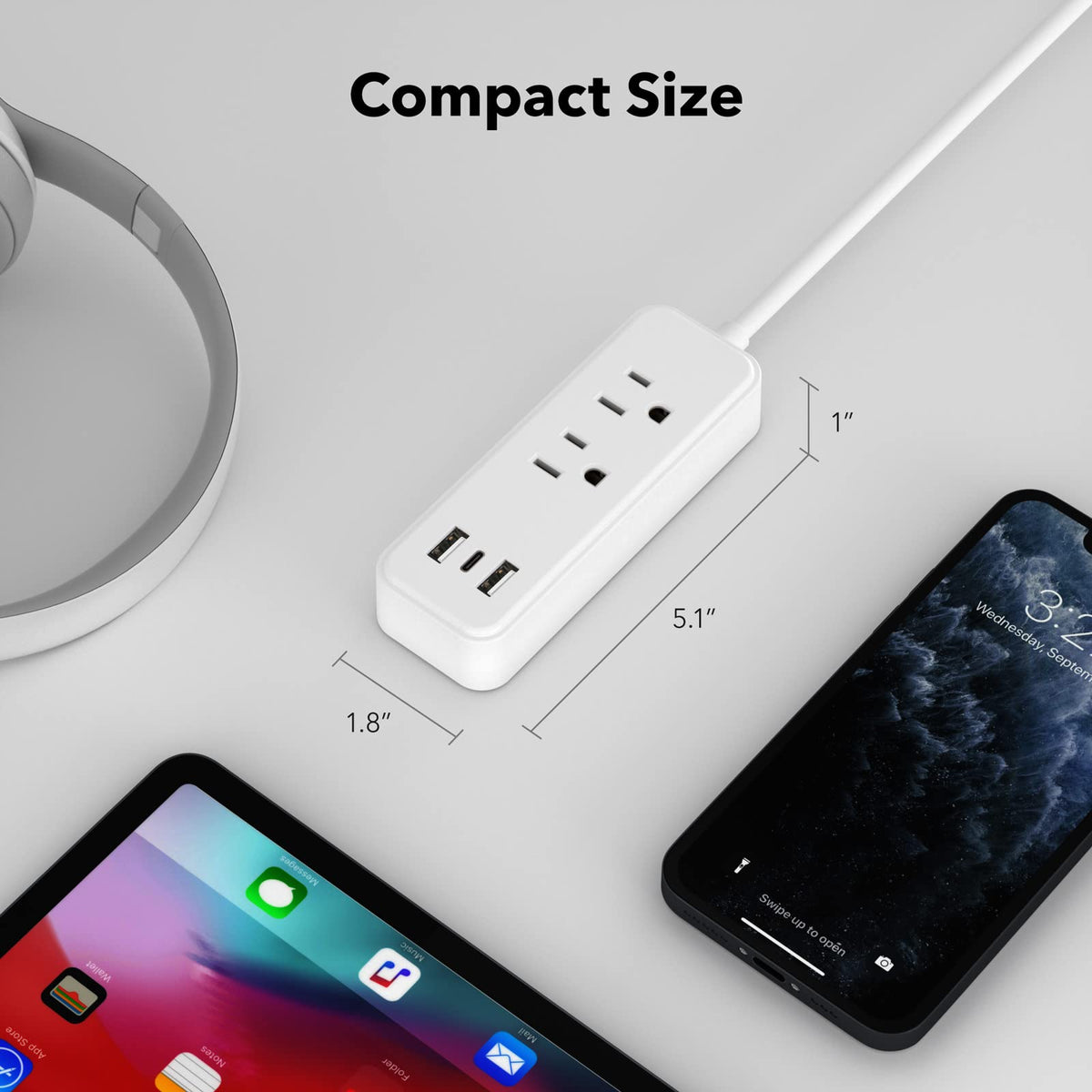 Low-profile plug design lets furniture sit closer to the wall.