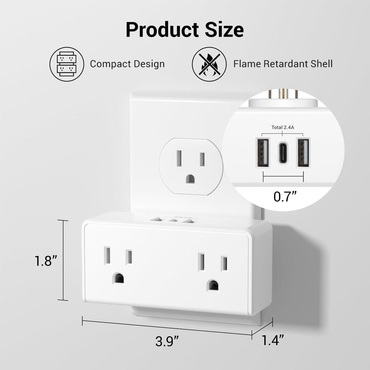 Clear Power close-up of AC outlets and USB-A and USB-C ports, easy access