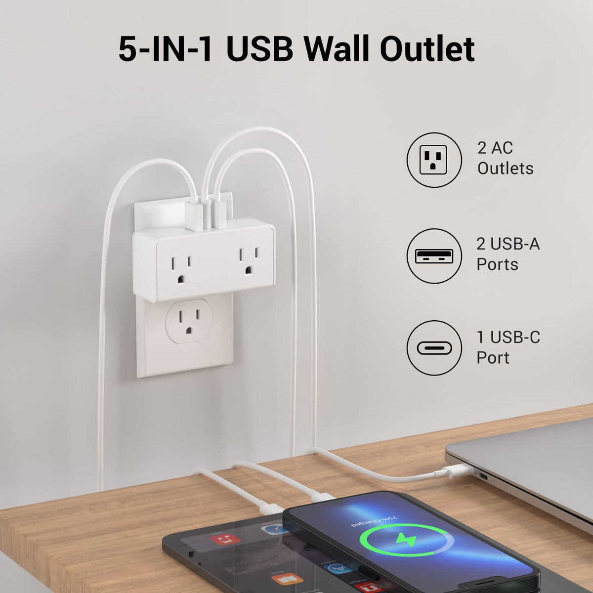 Compact travel charger with two outlets fits purse or briefcase for travel.