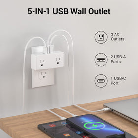 Compact travel charger with two outlets fits purse or briefcase for travel.