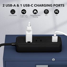 Clear Power close-up of USB-A and USB-C ports, fast organized device charging