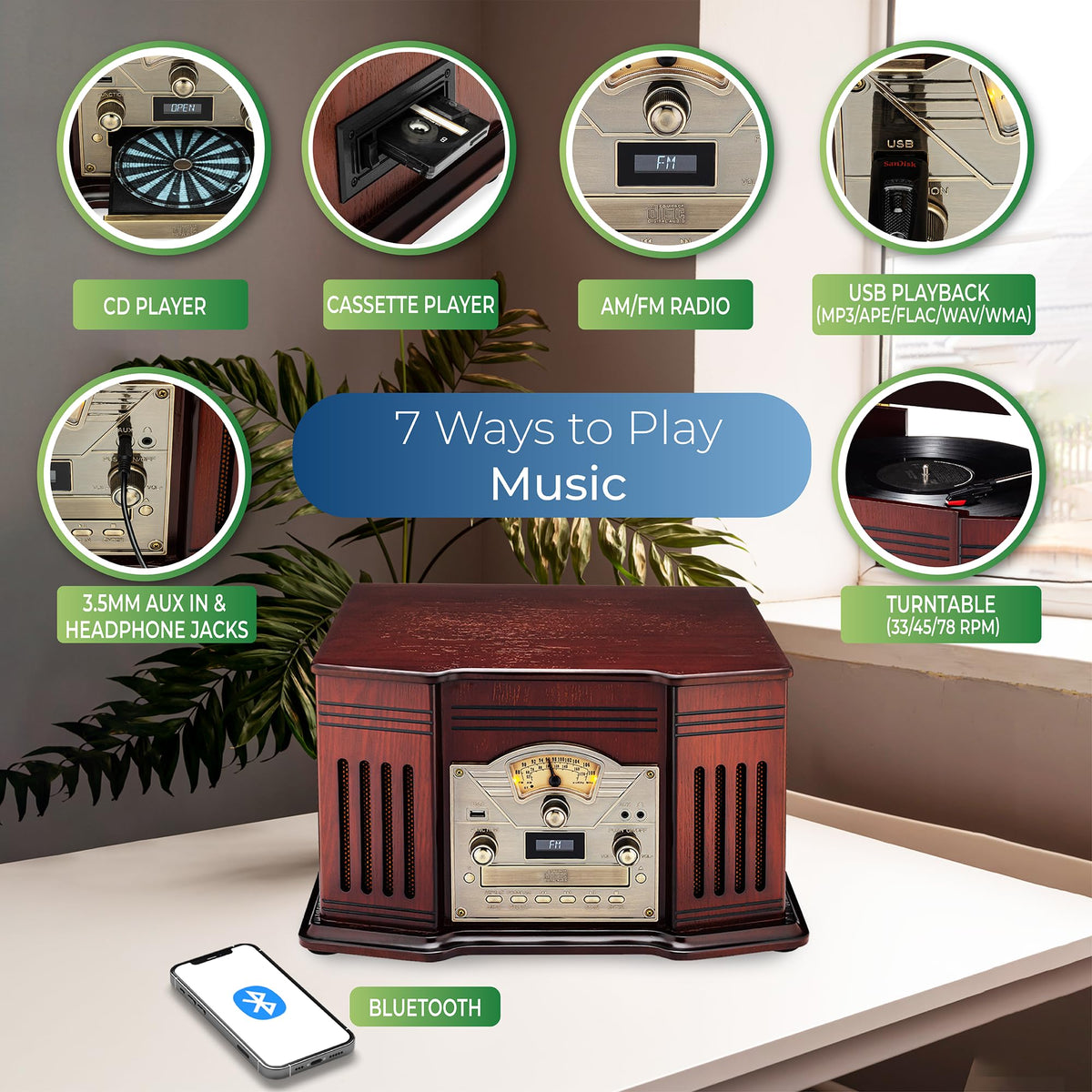 ClearClick all-in-one turntable connected via Bluetooth for wireless streaming