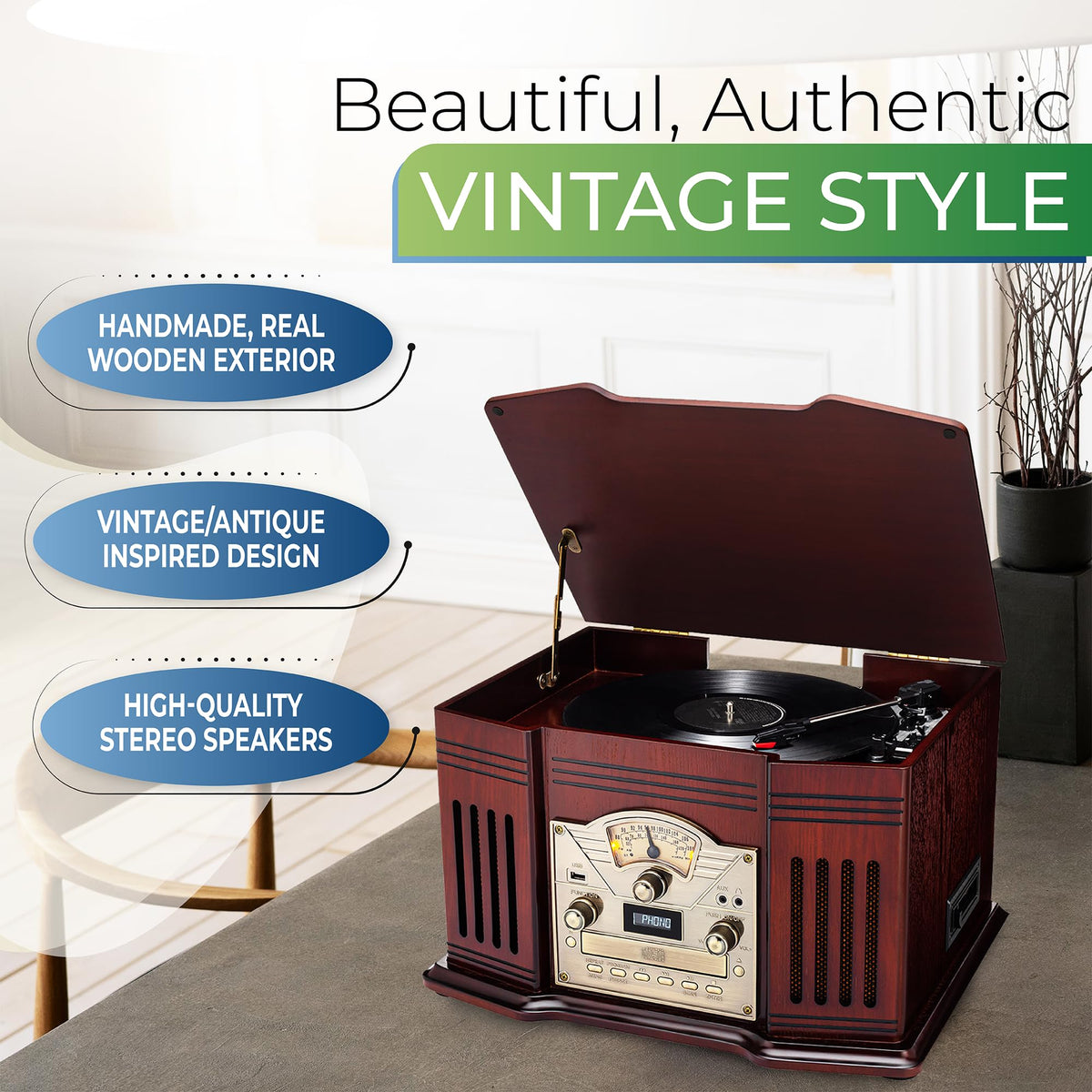 ClearClick turntable in action, vinyl playback at 33/45/78 RPM for authentic listening