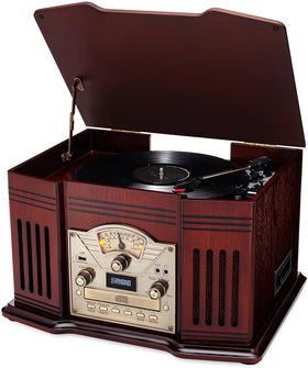 ClearClick all-in-one turntable with handmade wooden exterior, front view showing vintage charm