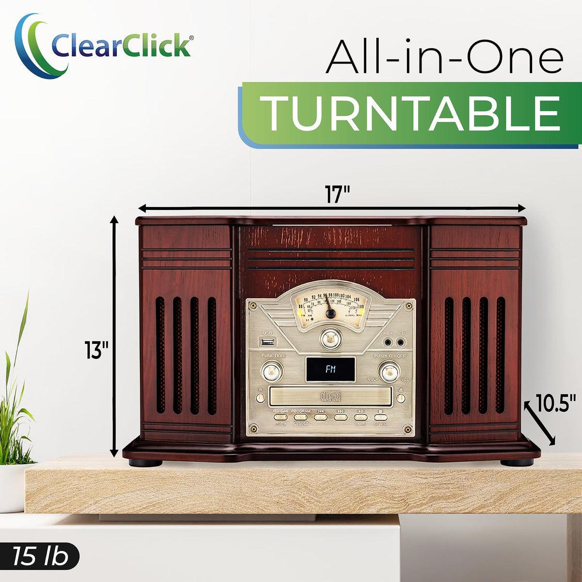 ClearClick all-in-one turntable with wooden exterior, side view highlighting craftsmanship