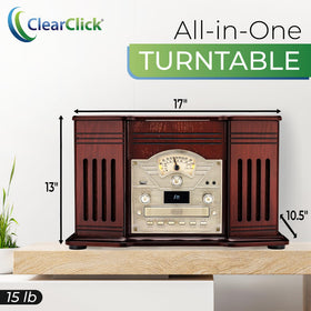 ClearClick all-in-one turntable with wooden exterior, side view highlighting craftsmanship