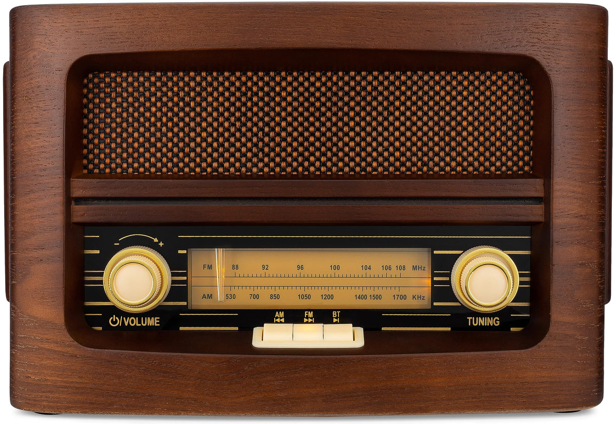 ClearClick Classic vintage radio side view showing handcrafted wooden exterior adds warm decor.