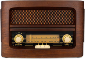 ClearClick Classic vintage radio side view showing handcrafted wooden exterior adds warm decor.