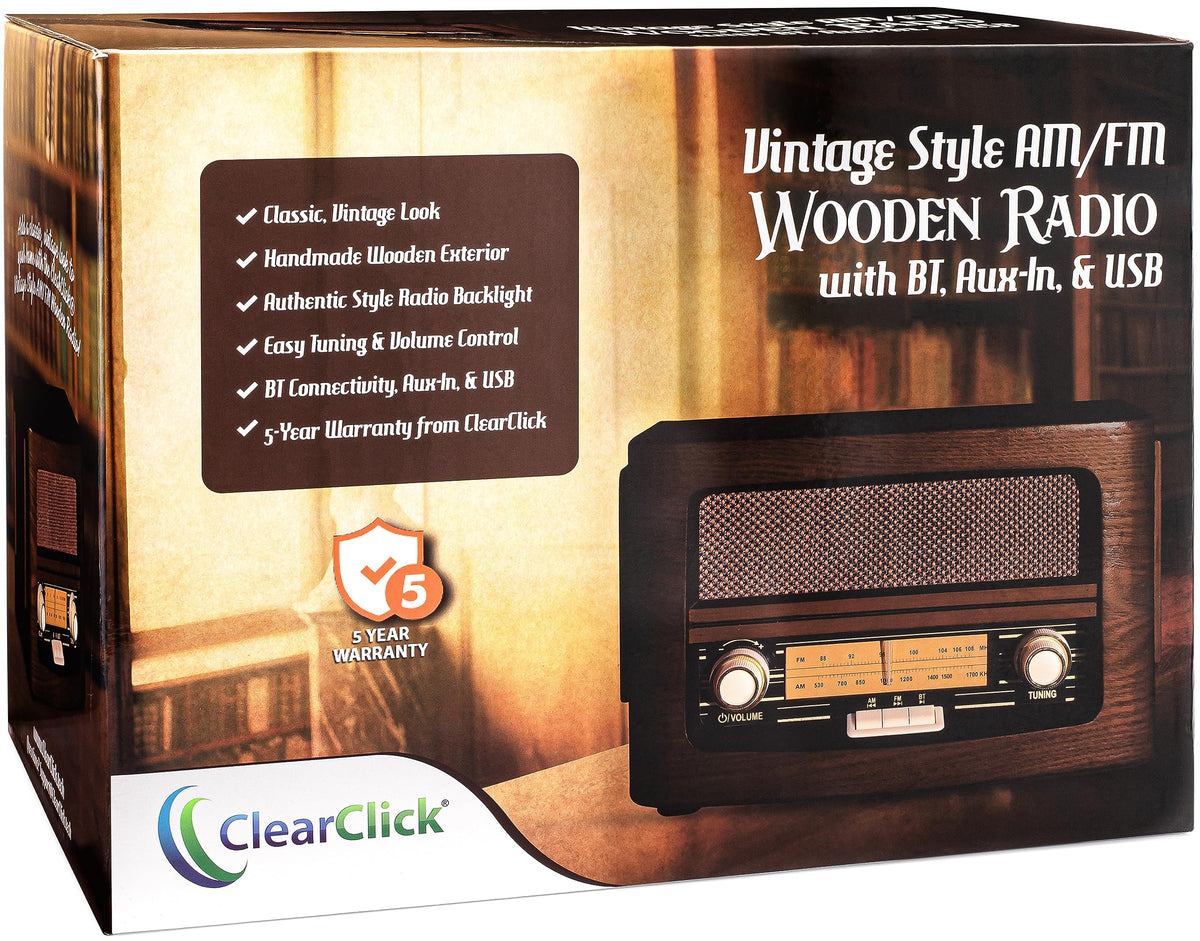ClearClick Classic vintage radio wooden exterior close-up highlighting craftsmanship.