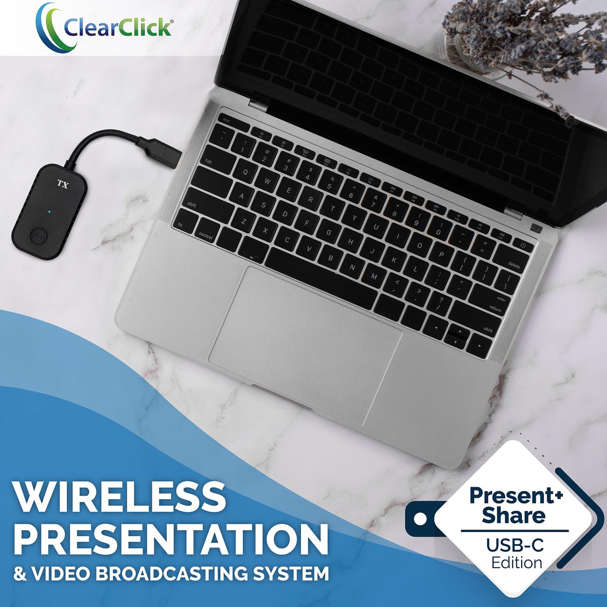 ClearClick HDMI receiver connected to projector for 1080p wireless video.