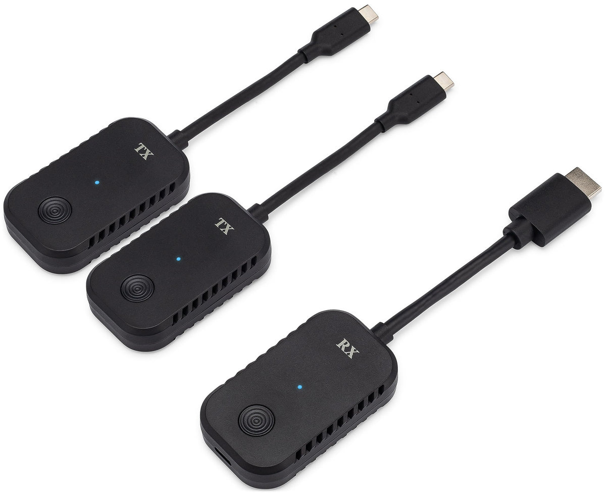 ClearClick Present+Share USB-C transmitter pair enabling wireless presentations.