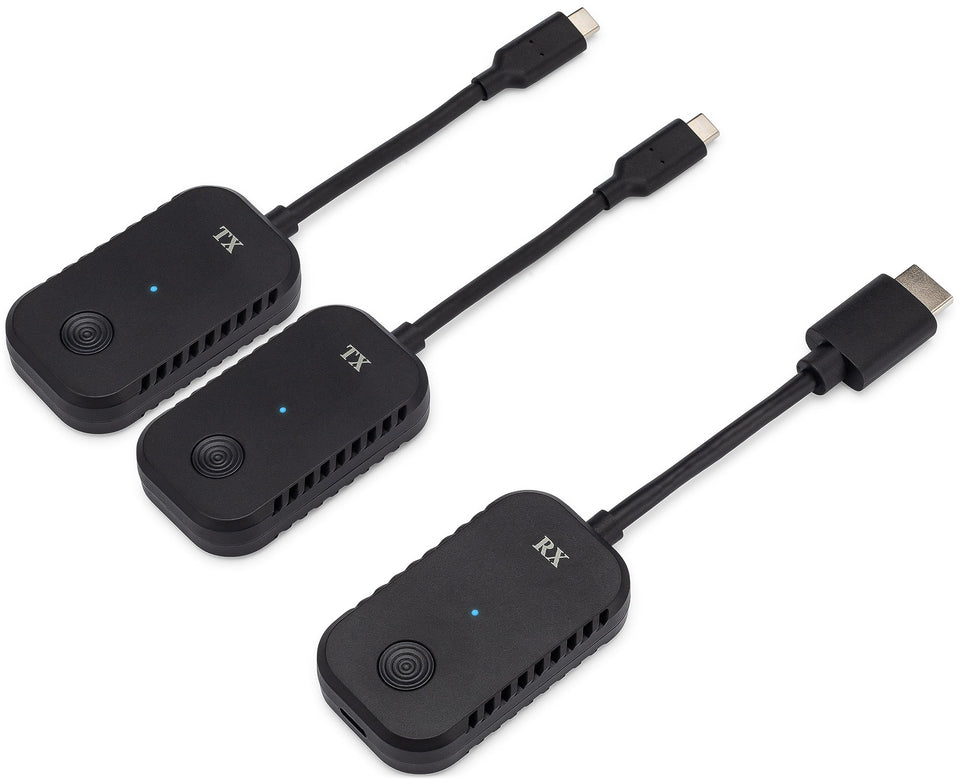 ClearClick Present+Share USB-C transmitter pair enabling wireless presentations.
