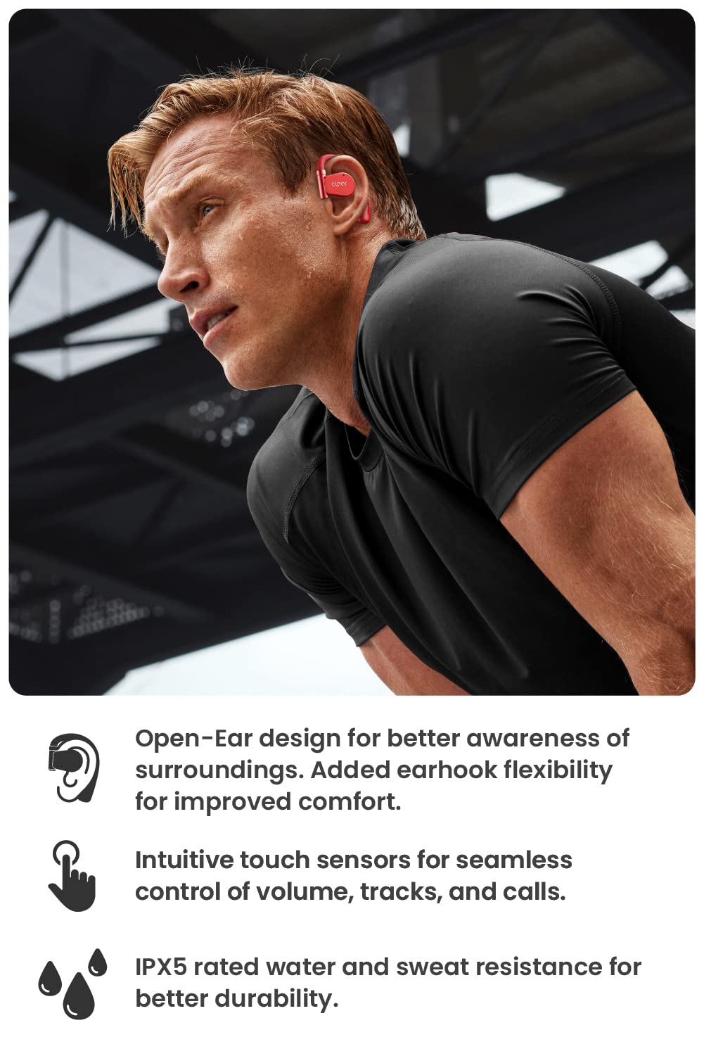 Cleer ARC II Sport open-ear headphones in compact charging case on the go.