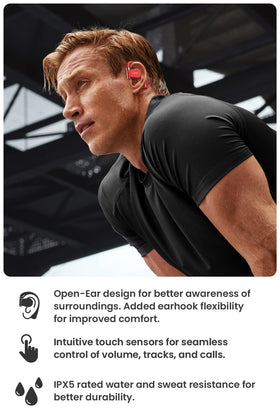 Cleer ARC II Sport open-ear headphones in compact charging case on the go.