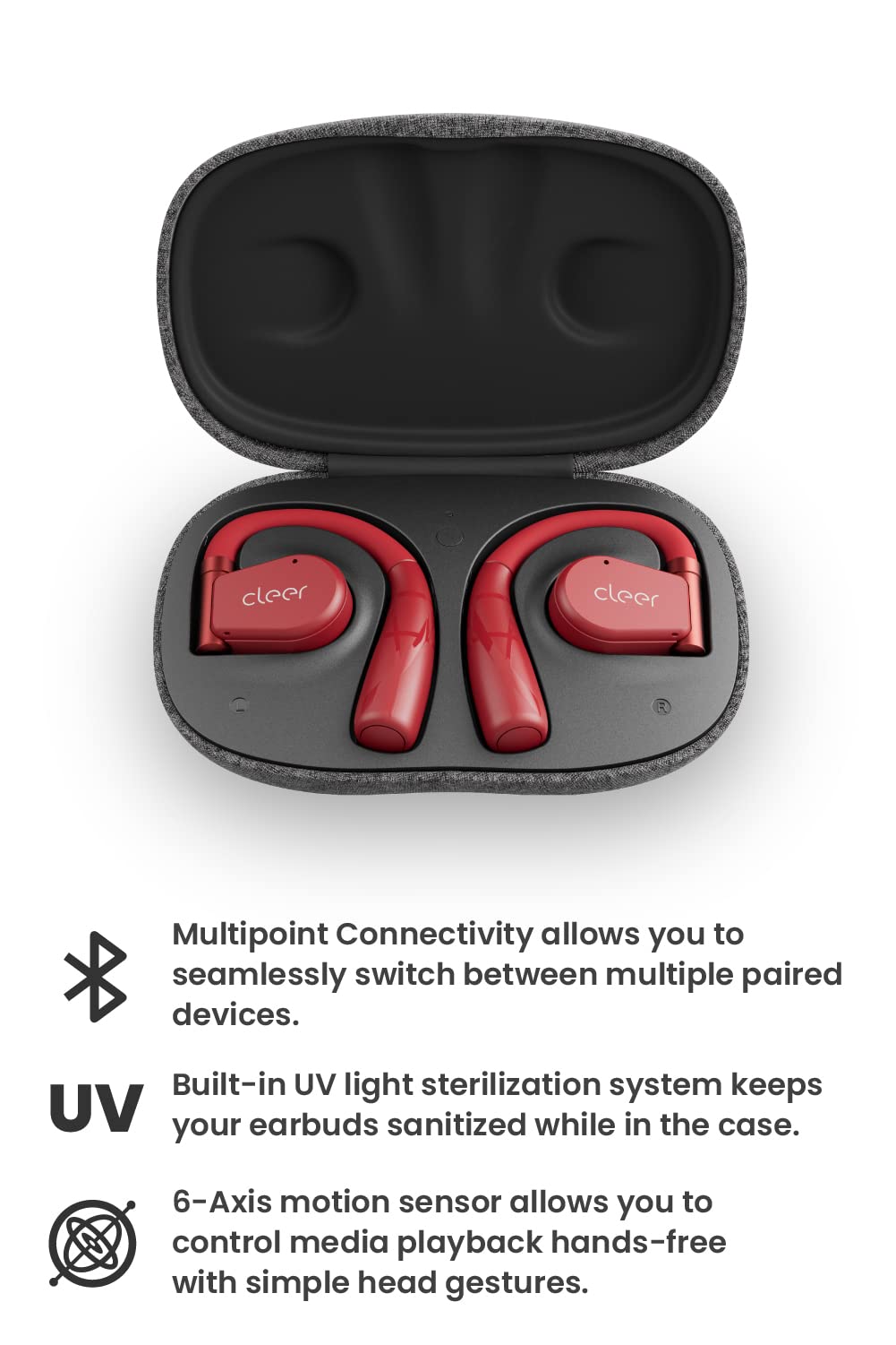 Cleer ARC II Sport open-ear headphones highlighting sweat resistance during activity.