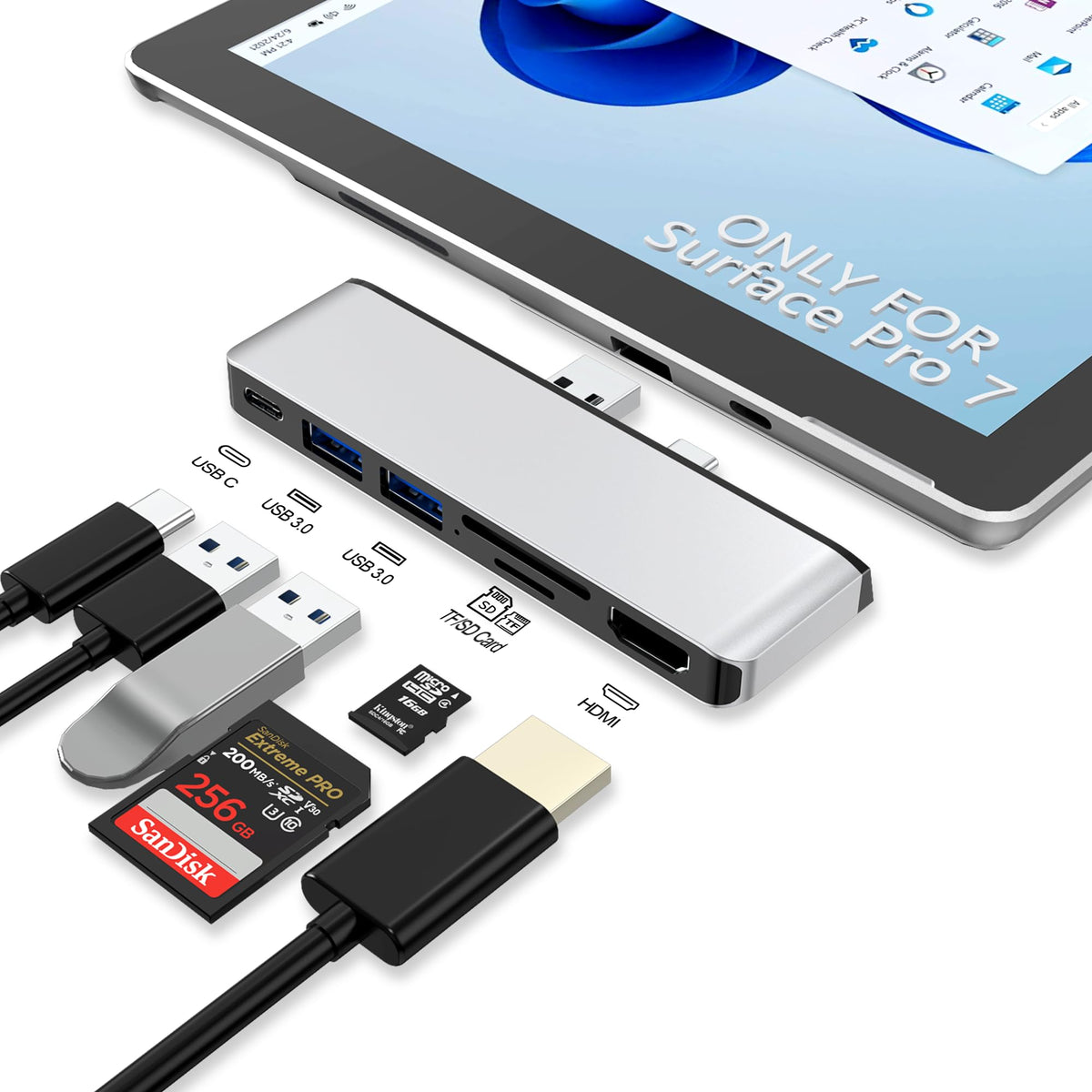 Clickfish Surface Pro 7 Docking Station with 4K HDMI for crisp external displays.