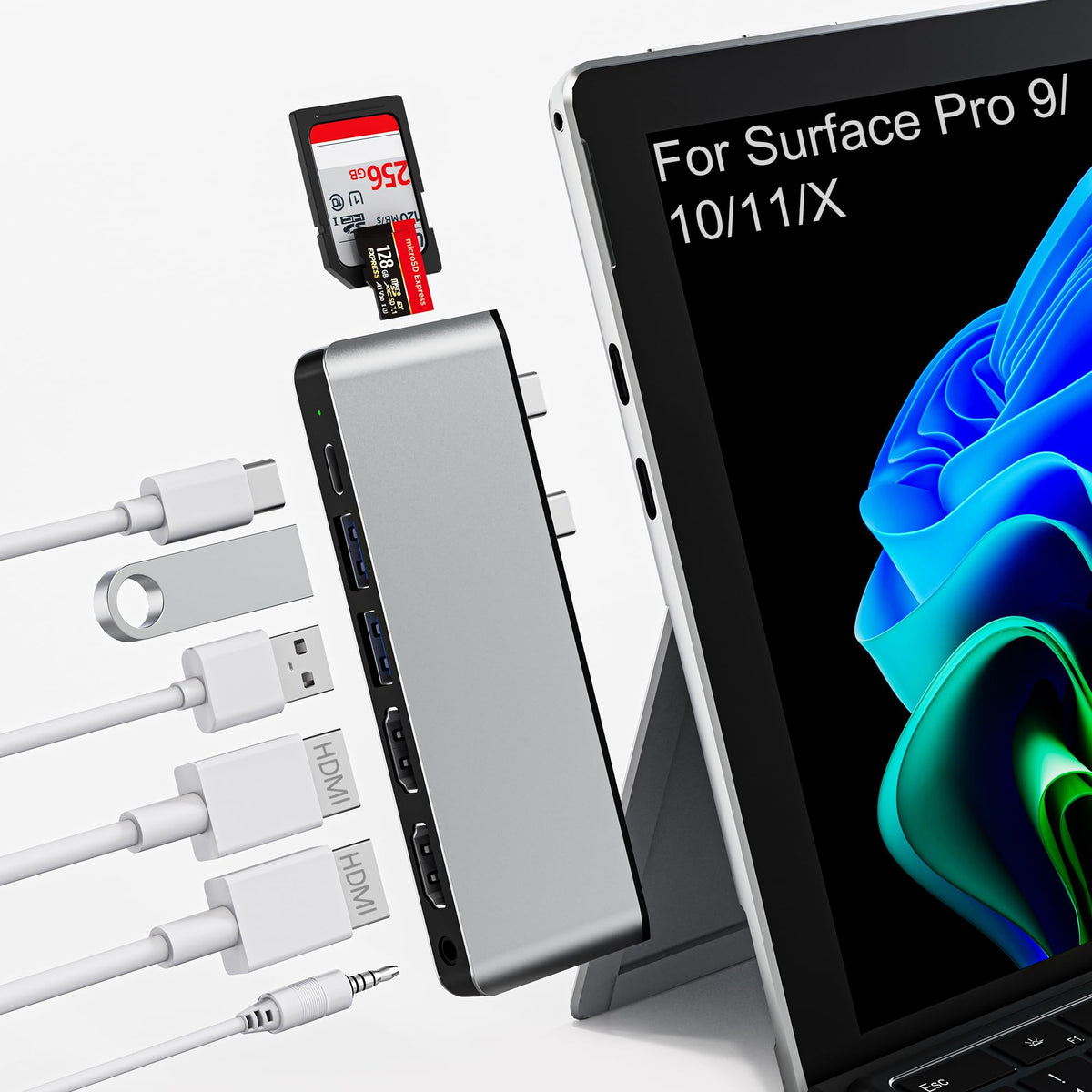 Clickfish Surface Pro docking front view showcases compact 8-in-1 setup for mobile workflows