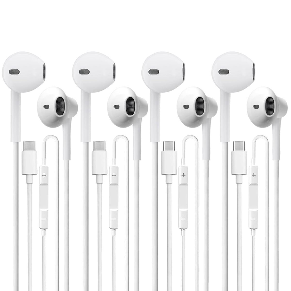 CLIPSUN USB-C headphones four-pack close-up, compact in-ear design for daily listening