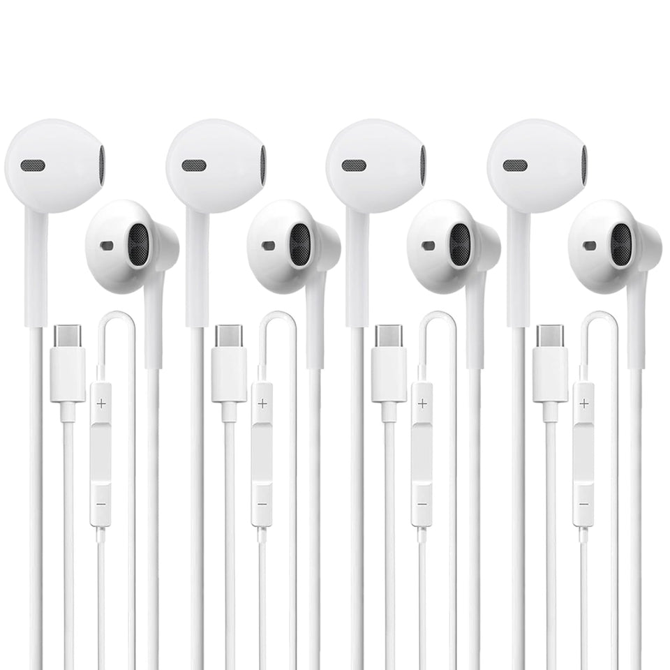 CLIPSUN USB-C headphones four-pack close-up, compact in-ear design for daily listening