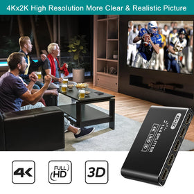 Closs closeup of input and four HDMI output ports for reliable multi-display mirroring