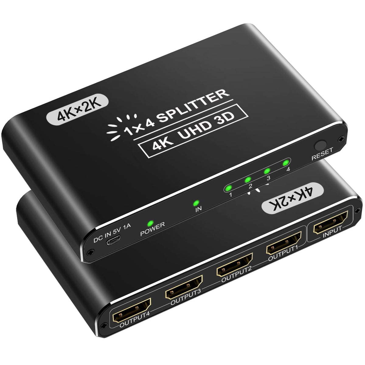 Closs front view of HDMI splitter showing ports and compact design for easy setup