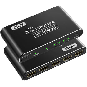 Closs front view of HDMI splitter showing ports and compact design for easy setup