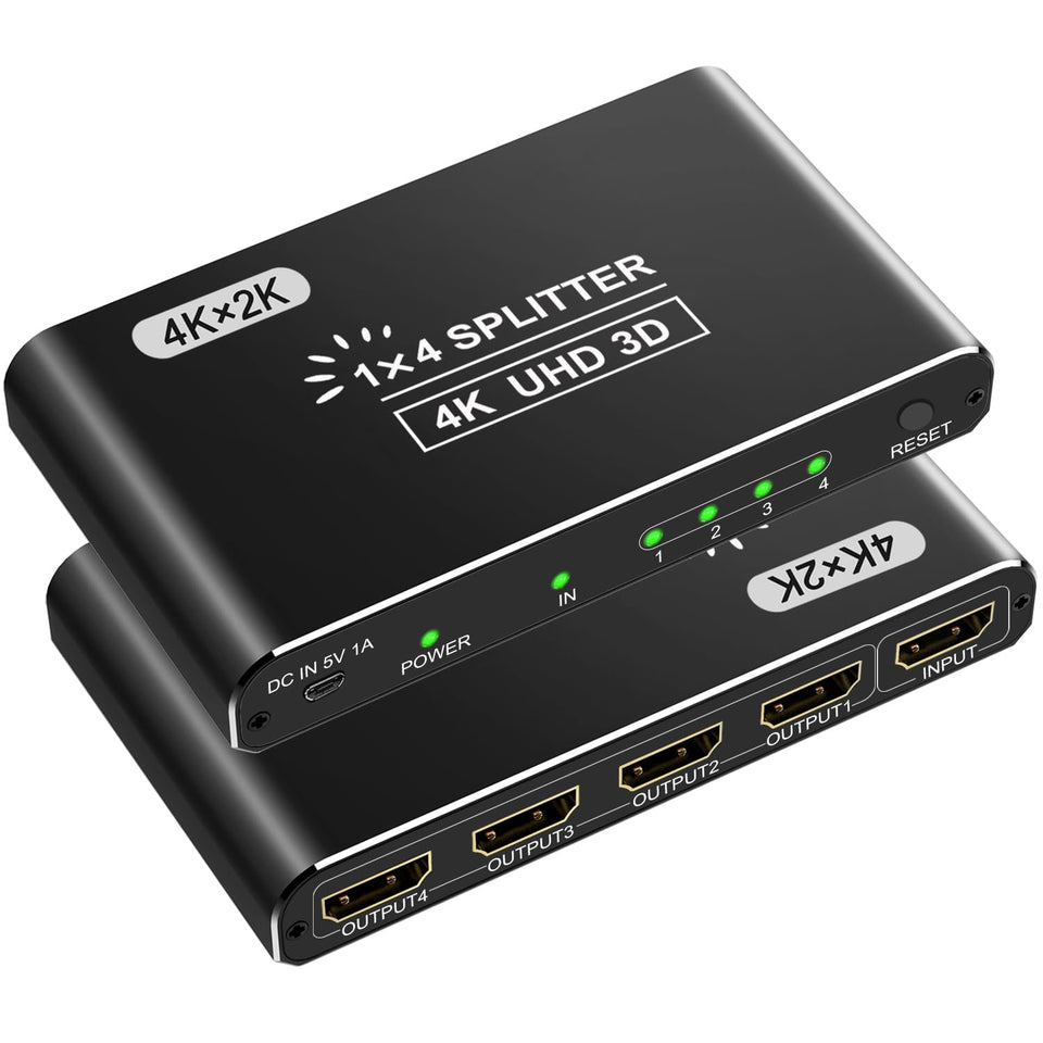 Closs front view of HDMI splitter showing ports and compact design for easy setup