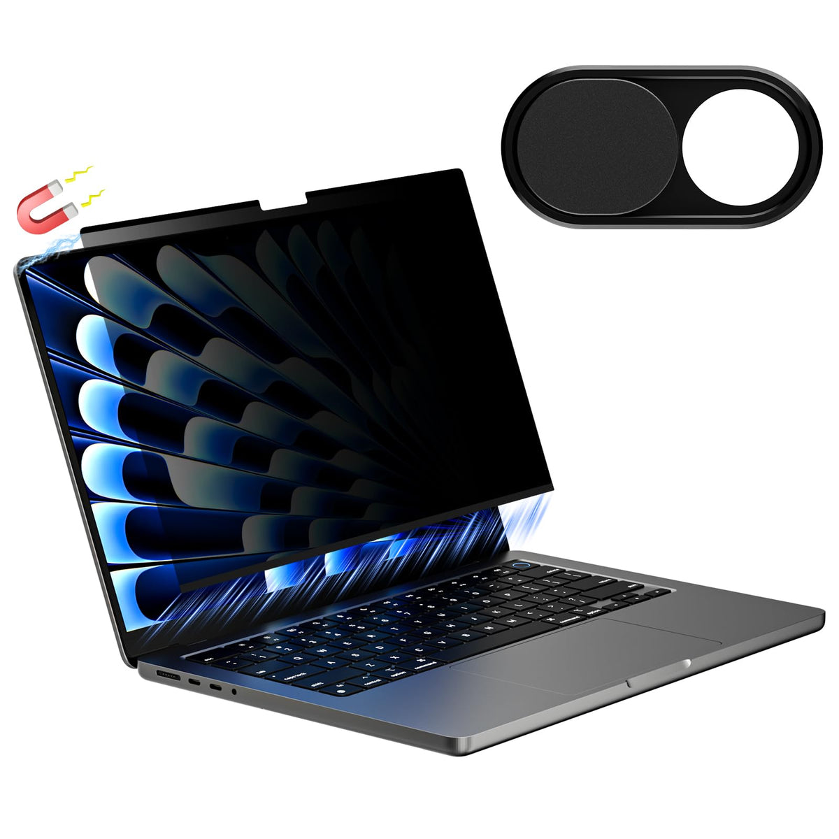 CloudValley privacy screen on MacBook Pro 14 front view secures private content from side viewing.