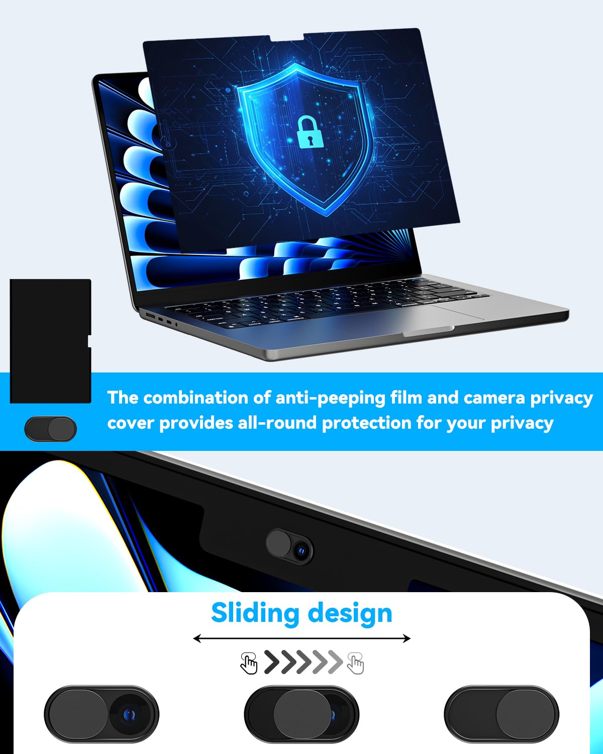 CloudValley privacy filter offers anti-glare and blue light protection for longer sessions.