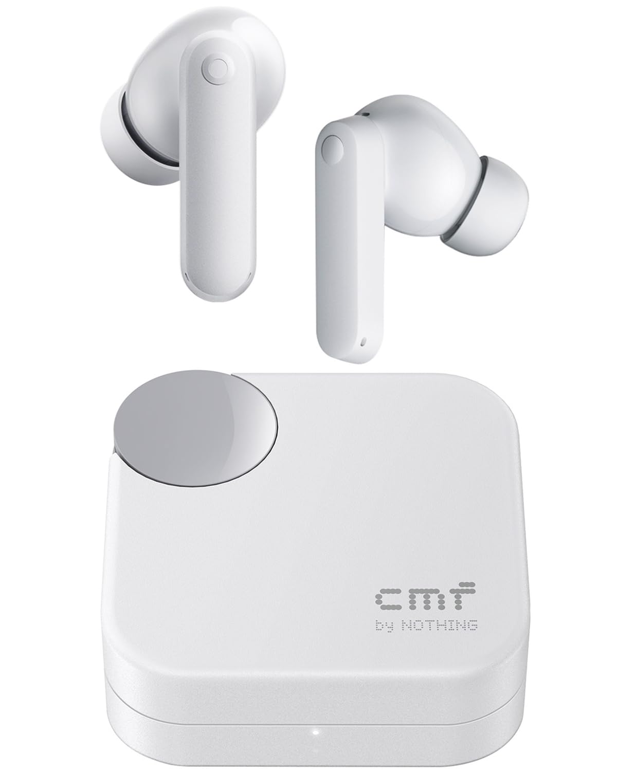 CMF BY NOTHING front view with case open showing earbuds and quick access charging benefit