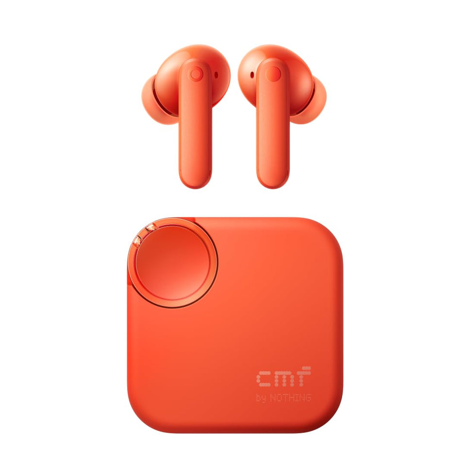 CMF by Nothing front view showing light orange earbuds and sleek case, highlighting portability