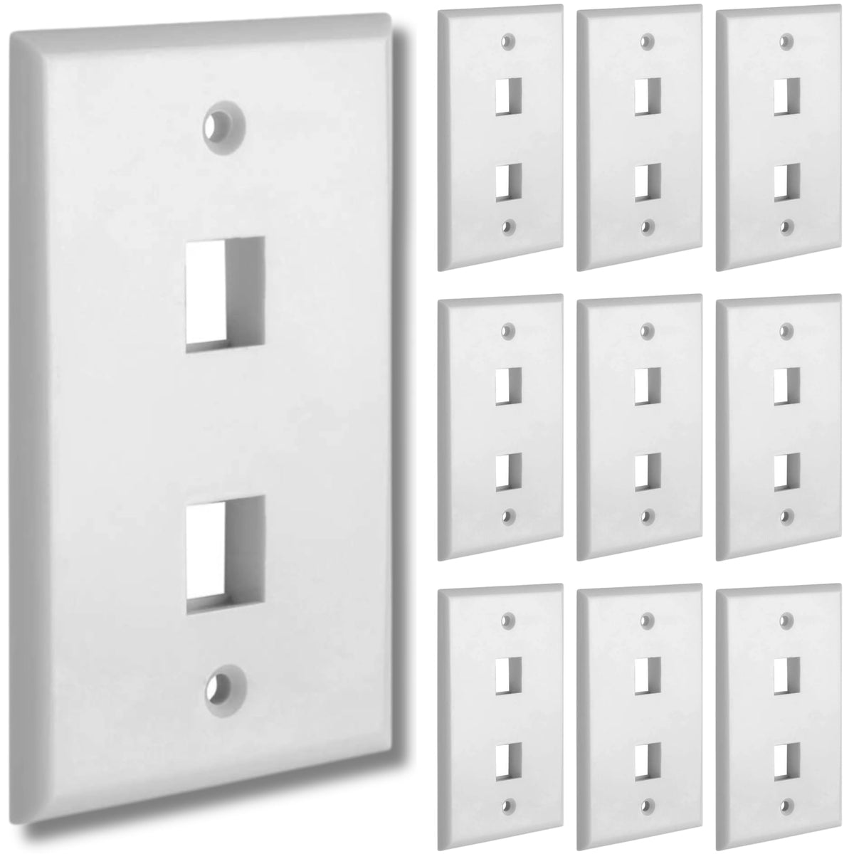 Cmple 2-port white keystone wall plate front view for a compact patch point.