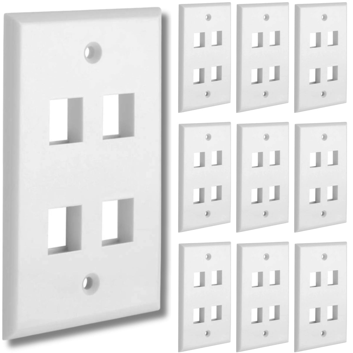 Cmple 4-port keystone wall plate front view with 10-pack kit for clean AV setups