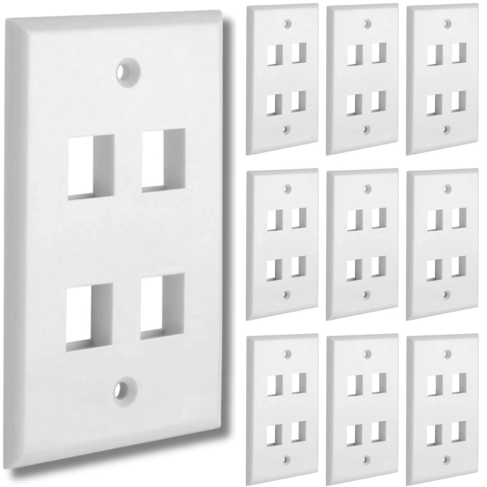 Cmple 4-port keystone wall plate front view with 10-pack kit for clean AV setups