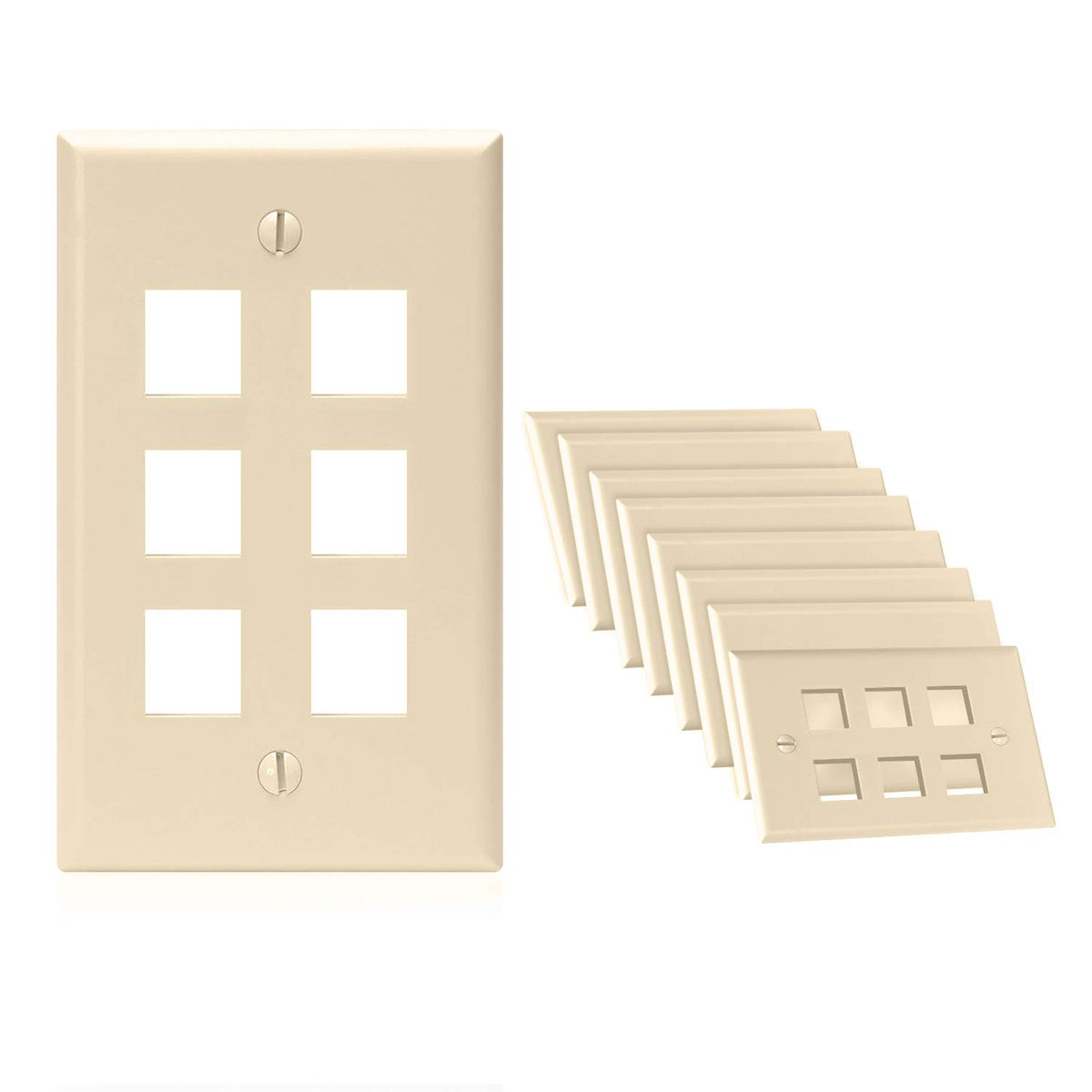 Cmple 6-port ivory keystone wall plate front view for clean cable management.