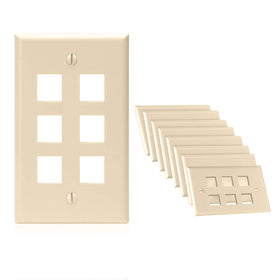 Cmple 6-port ivory keystone wall plate front view for clean cable management.