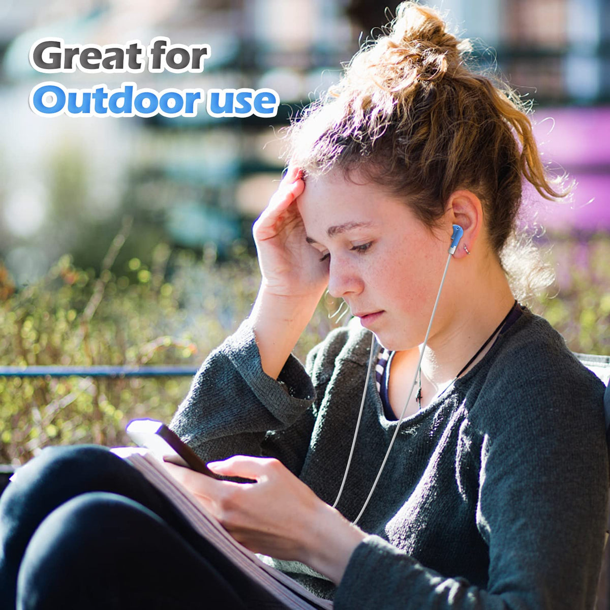 Kids-friendly blue CN-Outlet earbuds for easy identification