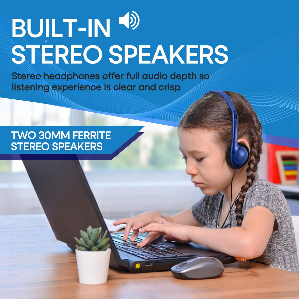CN-Outlet headset plugged into tablet on classroom desk for compatibility