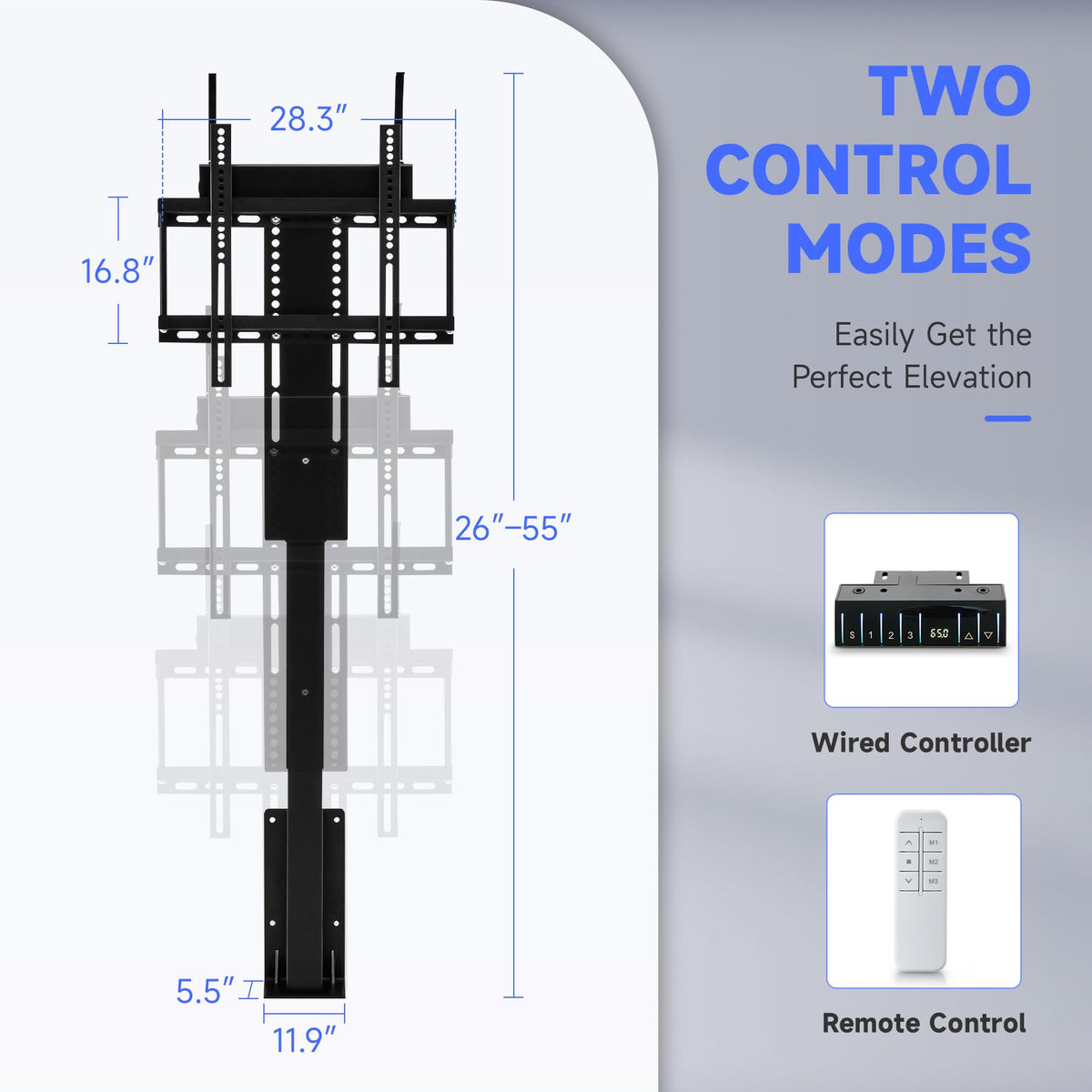 CO-Z motorized TV lift supports up to 165 lb with sturdy build.
