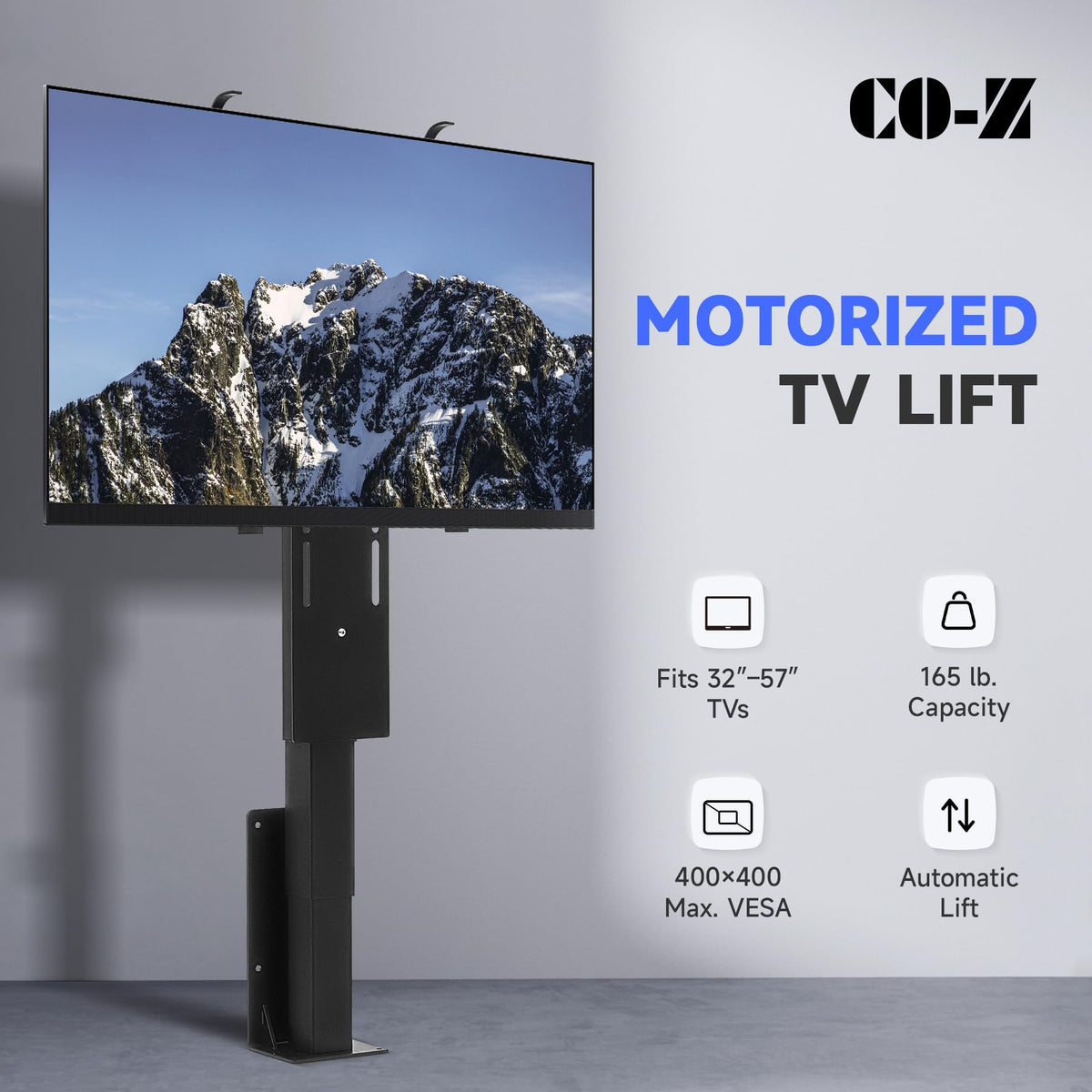 CO-Z motorized TV lift height adjustment delivers flexible viewing angles.