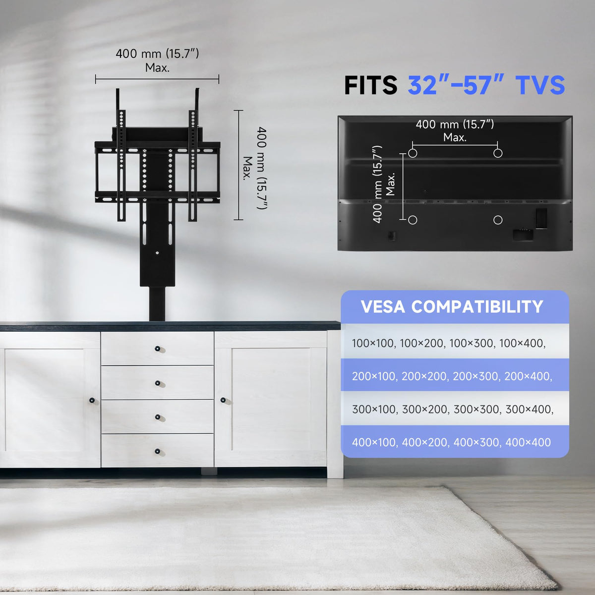 CO-Z motorized TV lift 400x400 VESA compatibility supports many screens.