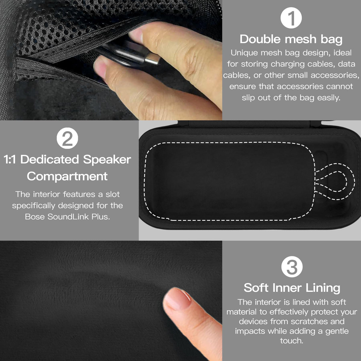 co2CREA double mesh pocket closeup holding cables and protecting Bose SoundLink Plus