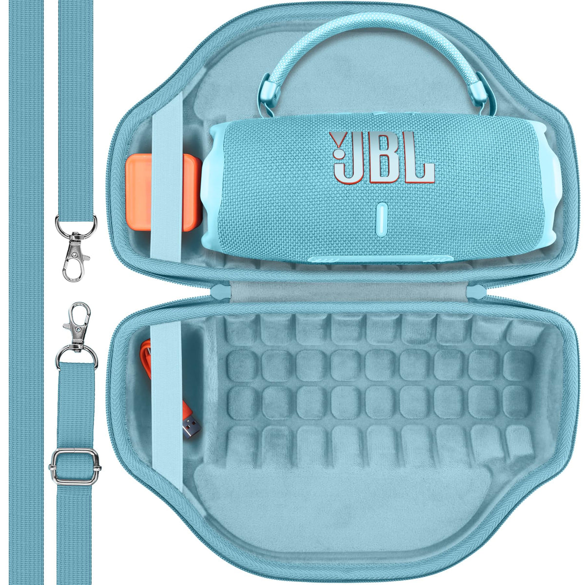 co2CREA JBL Charge 6 teal case interior padding cushions against bumps and scratches.