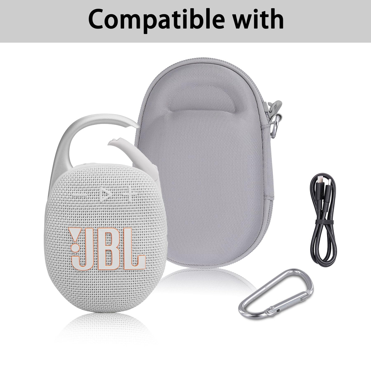 co2CREA JBL Clip 5 hard case carabiner attachment enables secure carry during travel.