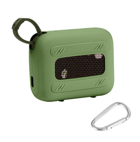 co2CREA JBL Go 4 silicone case green side view highlighting carabiner attachment.